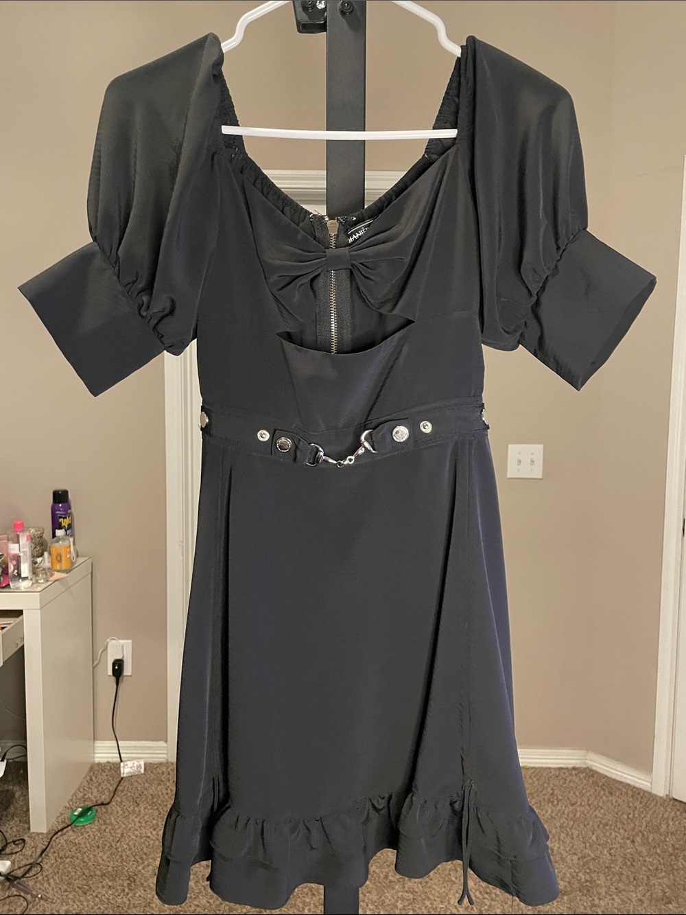 Maniere De Voir Black Midi Dress with Bow-Back and Ring Detail